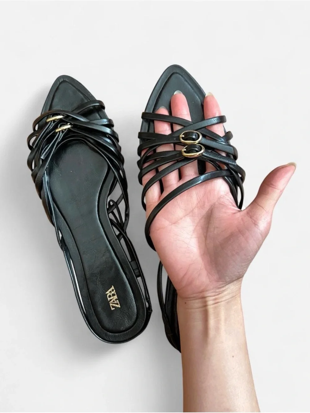 NWT Zara Black Strappy Pointed Toe Slingback Sandals with Gold Buckles - Picture 4 of 9